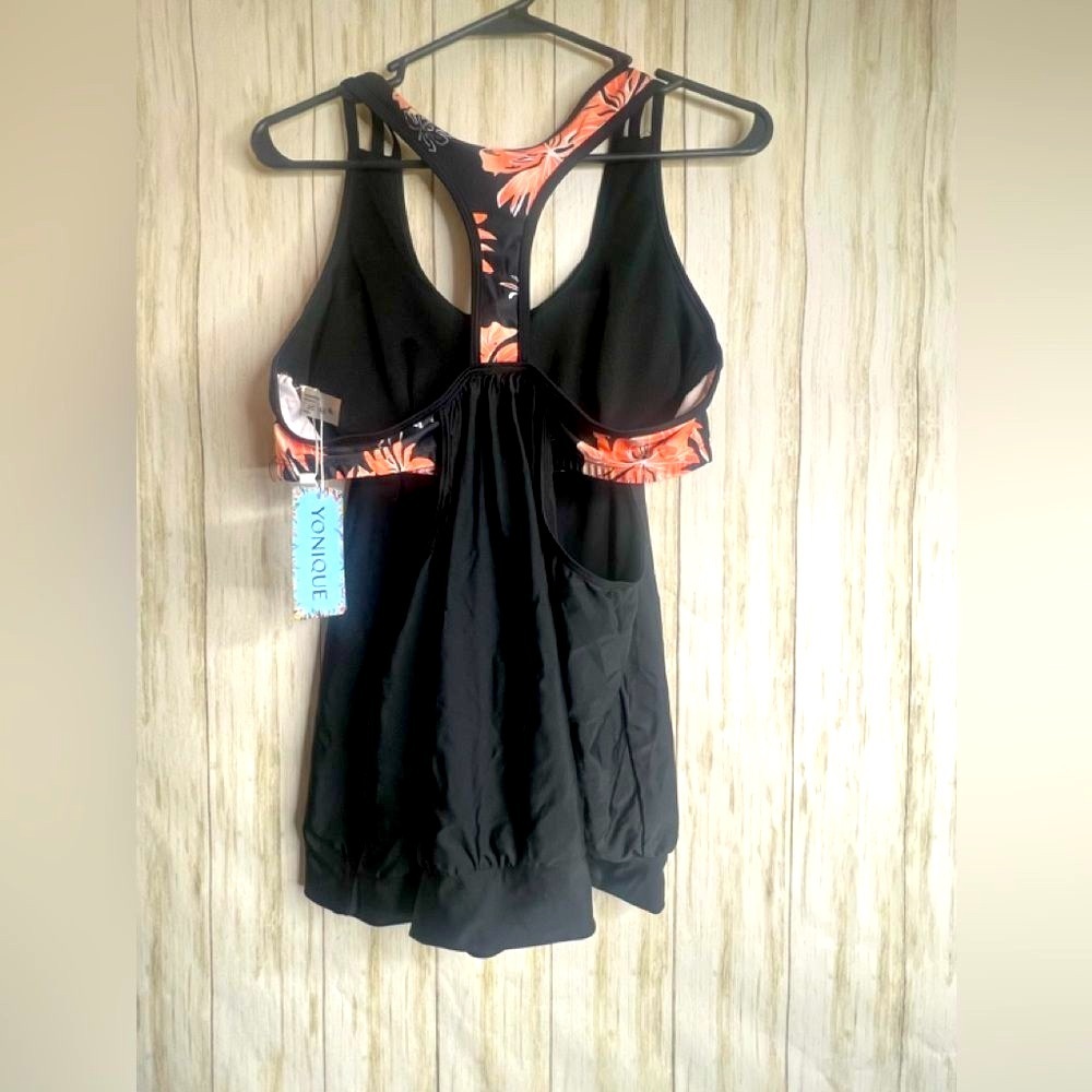 YONIQUE Women Sarong TopSwim Top Black & Coral Prinrt